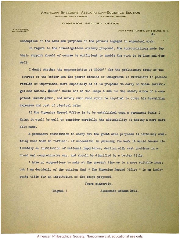 Alexander Graham Bell letter to Charles Davenport about Eugenics Record Office
