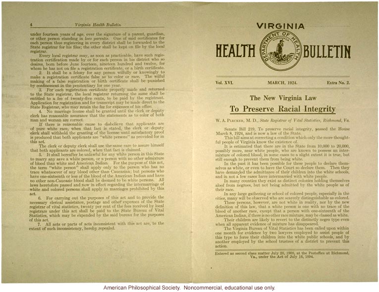 &quote;The New Virginia Law to Preserve Racial Integrity,&quote; by W. A. Plecker, Virginia Health Bulletin (vol. 16:2)