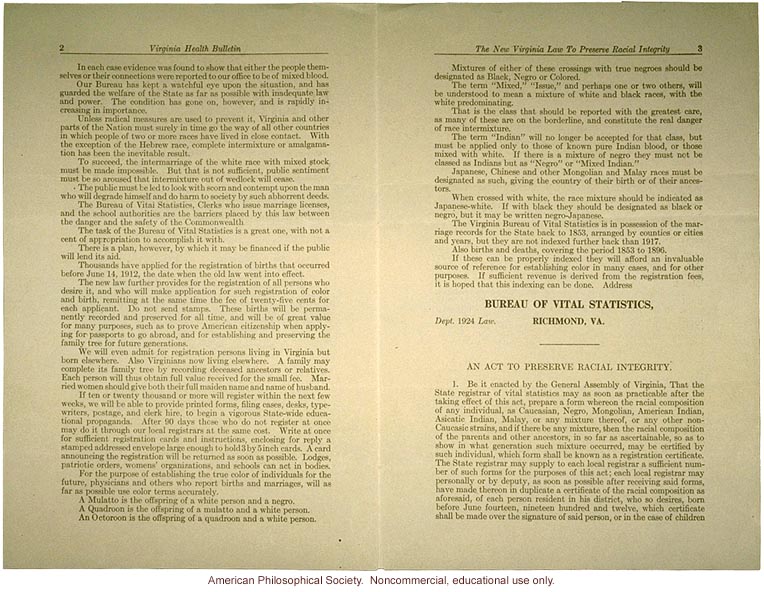 &quote;The New Virginia Law to Preserve Racial Integrity,&quote; by W. A. Plecker, Virginia Health Bulletin (vol. 16:2)