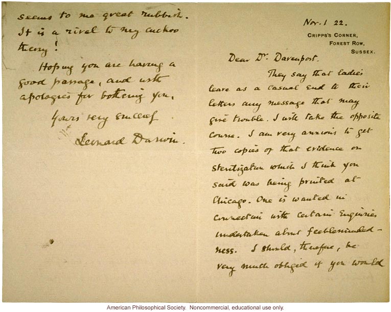 Leonard Darwin letter to Charles Davenport about sterilization