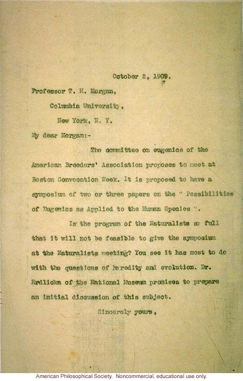 Charles Davenport letter to T.H. Morgan about American Breeders' Association symposium