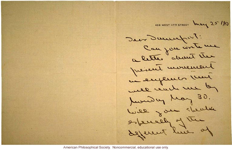 T.H. Morgan letter to Charles Davenport requesting eugenics information