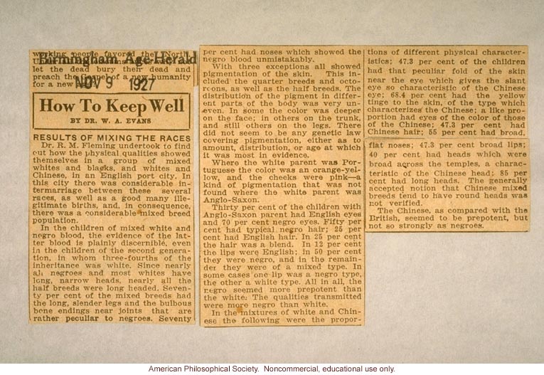 "e;Results of mixing the races,"e; by Dr. W.A. Evans, Birmington Age Herald