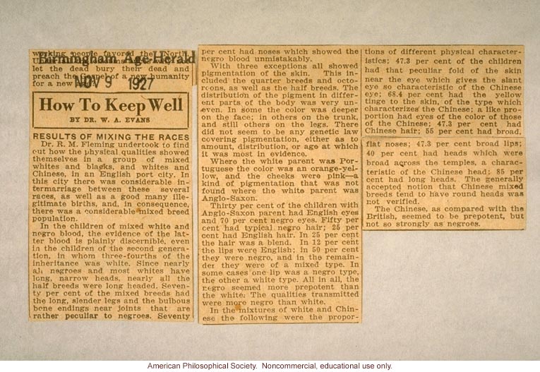 &quote;Results of mixing the races,&quote; by Dr. W.A. Evans, Birmington Age Herald