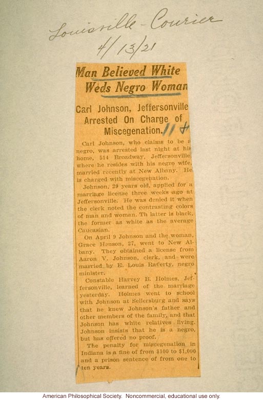 &quote;Man believed white weds Negro woman,&quote; Louisville Courier