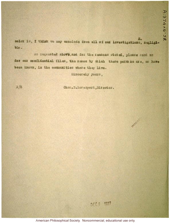 C. Davenport response to P. T. Walden about race mixing