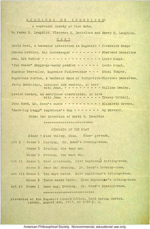 &quote;Acquired or inherited? A eugenical comedy in four acts,&quote; play written by P. Laughlin, F. Danielson and H. Laughlin