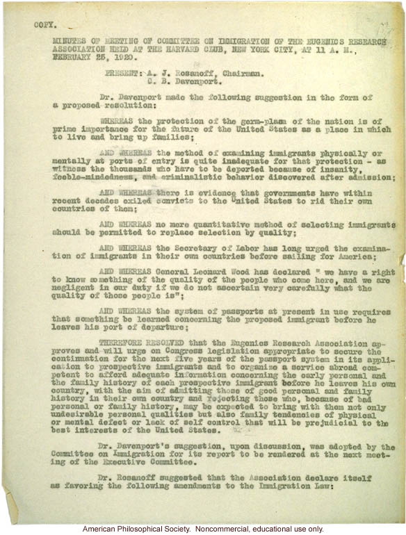 &quote;Minutes of meeting of Commitee on Immigration of the Eugenics Research Association&quote;