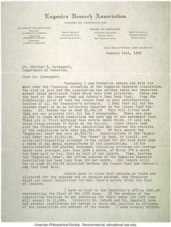 H. Laughlin letter to C. Davenport about the financial difficulties of the &quote;Eugenical News&quote;
