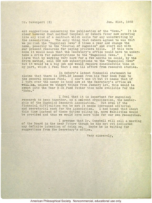 H. Laughlin letter to C. Davenport about the financial difficulties of the &quote;Eugenical News&quote;