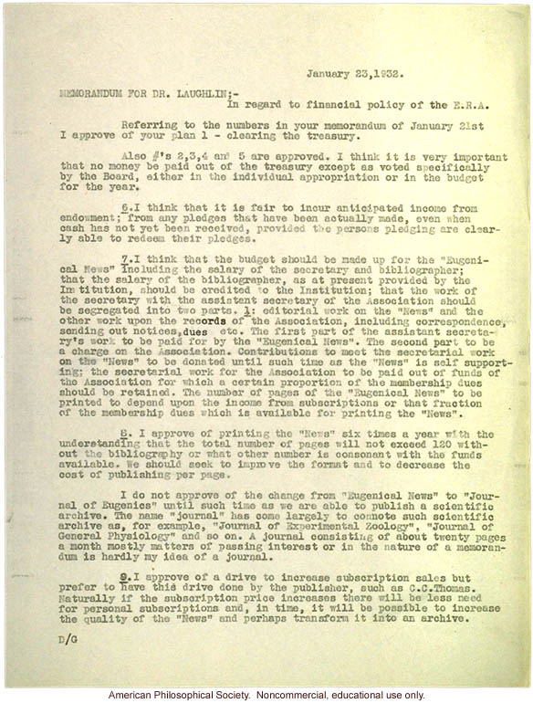 H. Laughlin letter to C. Davenport about the financial difficulties of the &quote;Eugenical News&quote;