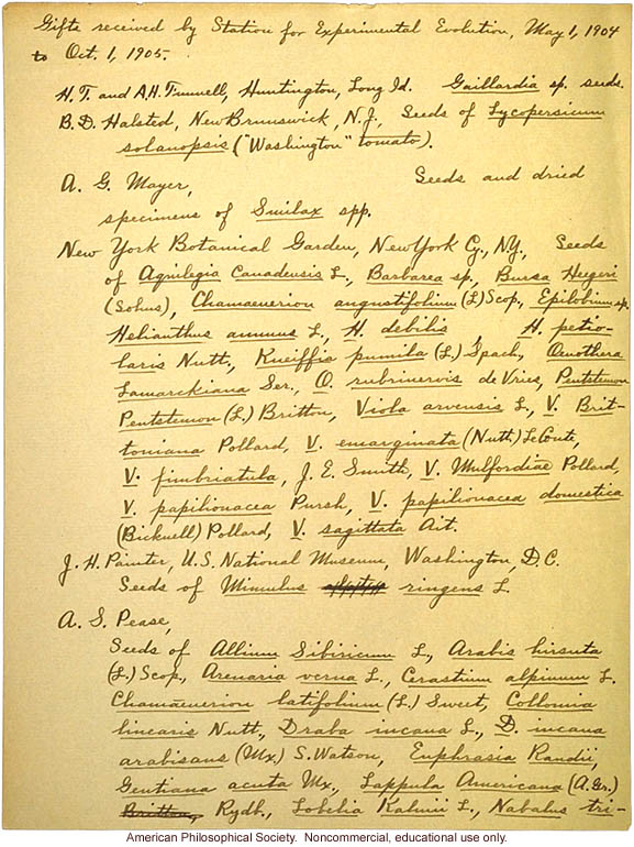 &quote;Gifts received by the Station for Experimental Evolution, May 1, 1904 to Oct. 1, 1905&quote;