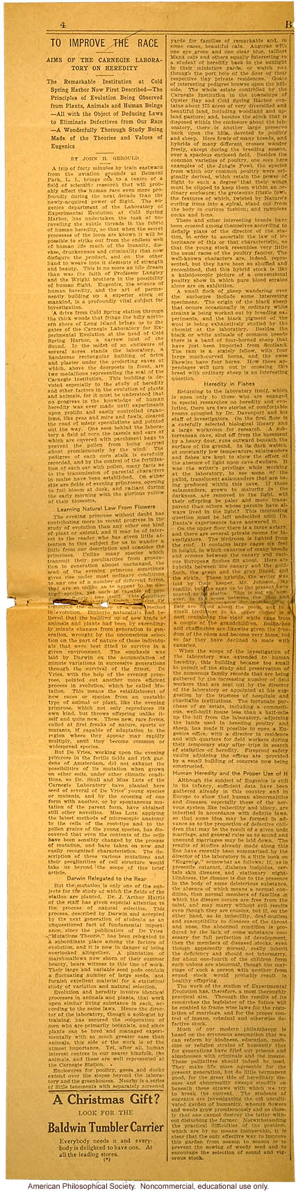 Article on founding of Station for Experimental Evolution referring to eugenic prospects