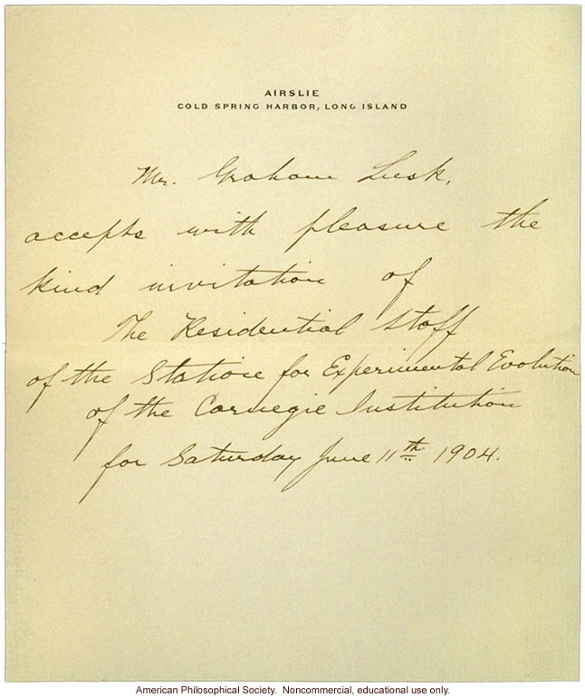 Acceptance from Airslie owners to opening of Station of Experimental Evolution, June 11, 1904