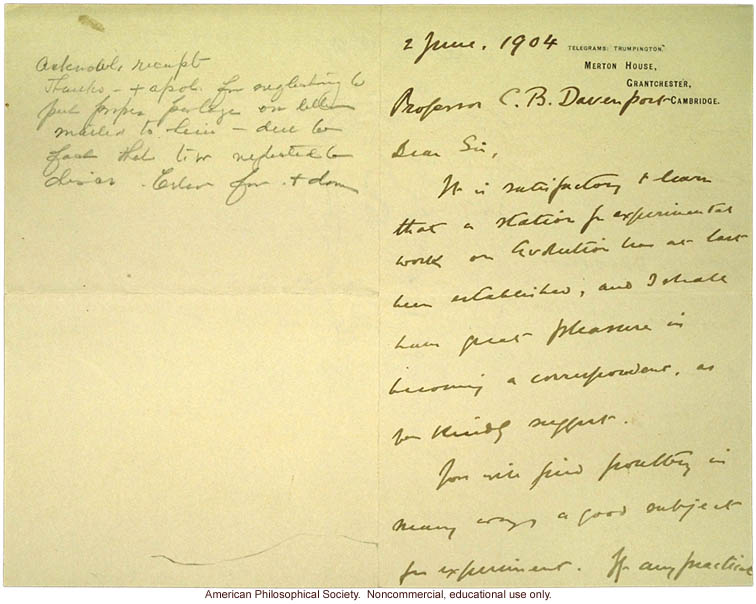 W. Bateson letter to C. Davenport congratulating him on Station of Experimental Evolution