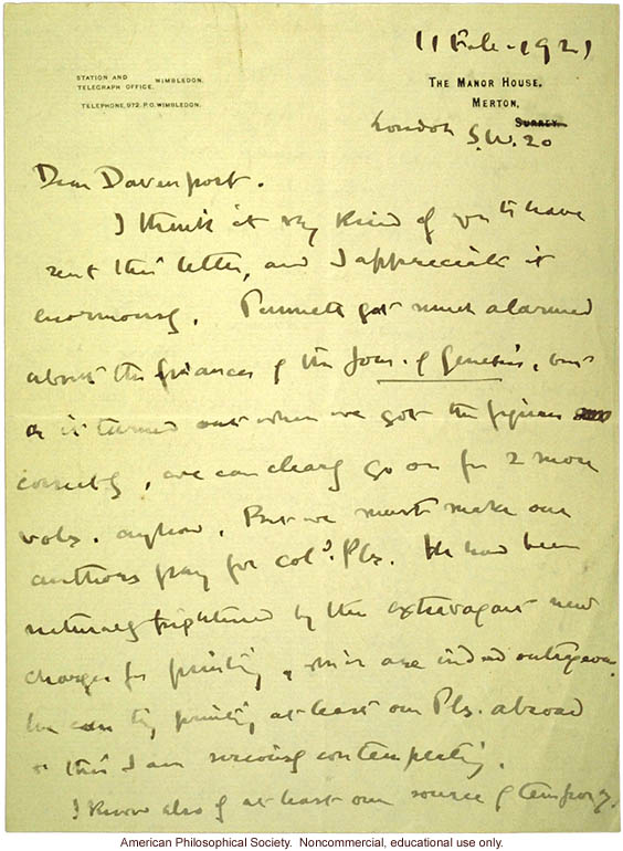 W. Bateson letter to C. Davenport about eugenics and T. H. Morgan