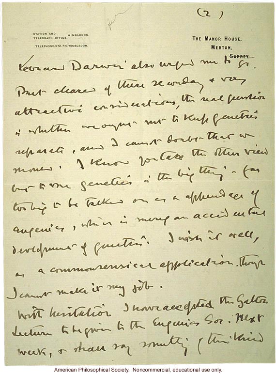 W. Bateson letter to C. Davenport about eugenics and T. H. Morgan