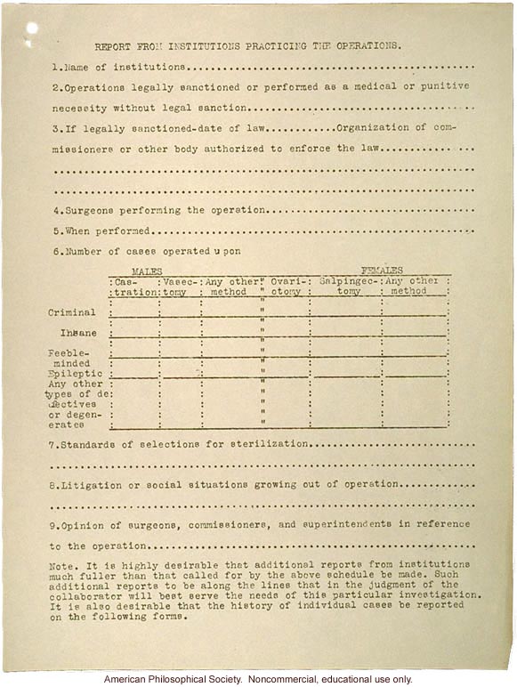 Questionaire on the sterilization of &quote;defectives&quote;