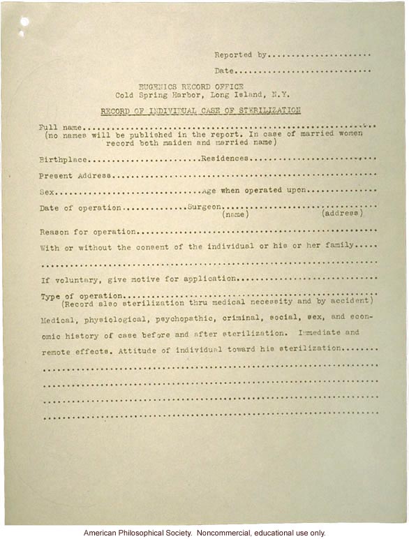 Questionaire on the sterilization of &quote;defectives&quote;