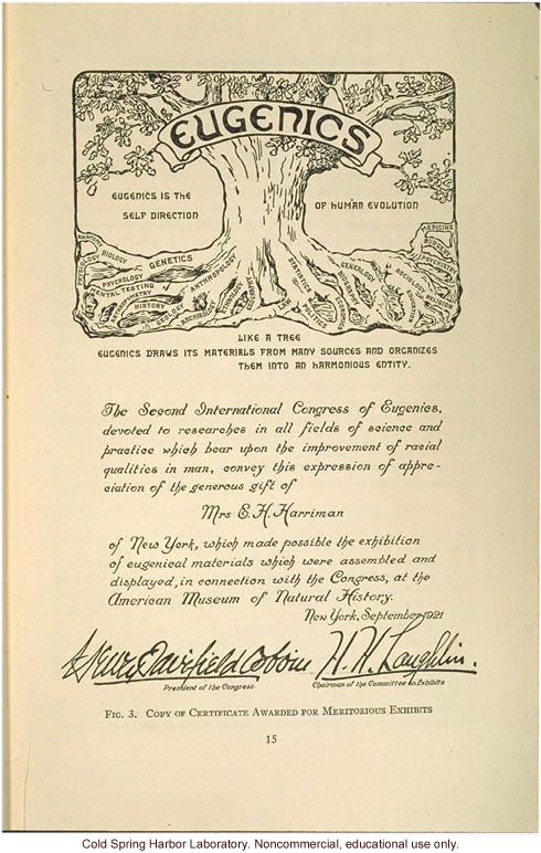 &quote;Copy of certificate awarded for meritorious exhibits,&quote; at the Second International Congress of Eugenics