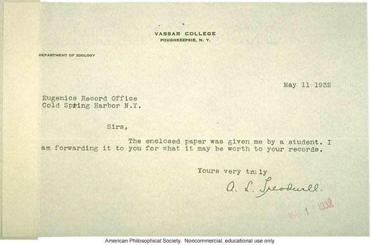 A.L. Treadwell, Vassar College, letter to Eugenics Record Office, about student pedigree of deafness and insanity (&quote;queerness&quote;)