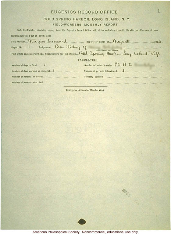 Eugenics Record Office, field-worker's monthly report