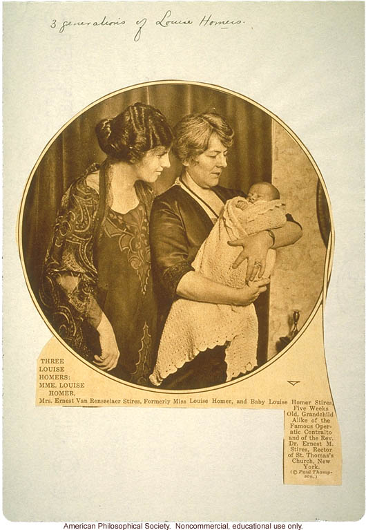 &quote;Family History of Louise Homer: Inheritance of musical talent&quote; pedigree, family history, and newspaper photograph