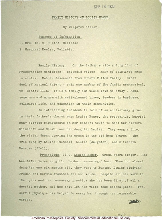 &quote;Family History of Louise Homer: Inheritance of musical talent&quote; pedigree, family history, and newspaper photograph