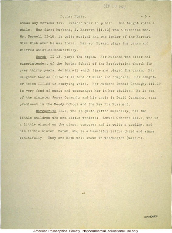 &quote;Family History of Louise Homer: Inheritance of musical talent&quote; pedigree, family history, and newspaper photograph