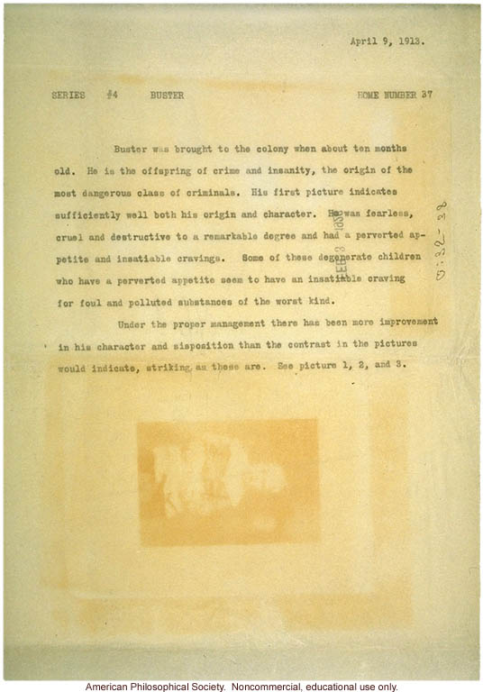 Case study of Buster, 10-month old &quote;offspring of crime and insanity,&quote; cover letter and photos documenting his rehabilitation over 10 years
