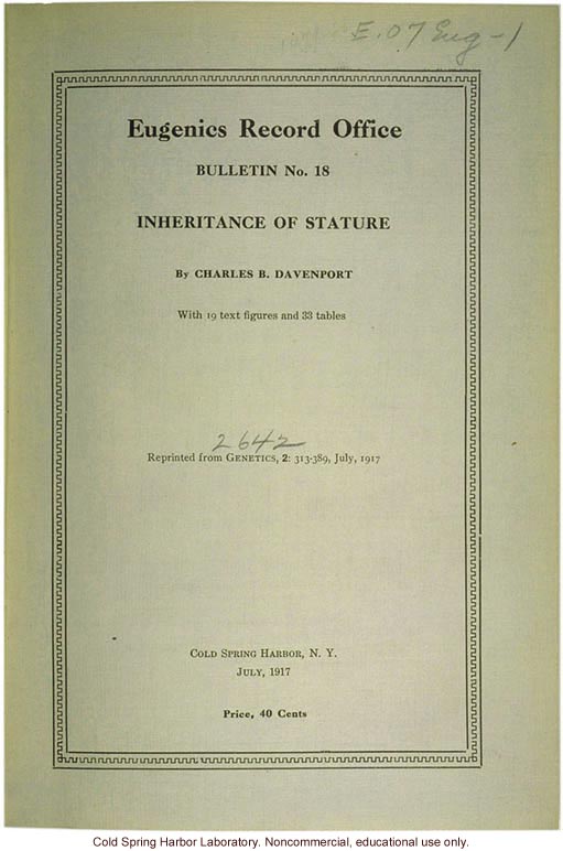 &quote;Inheritance of Stature,&quote; by C. B. Davenport, Eugenics Record Office