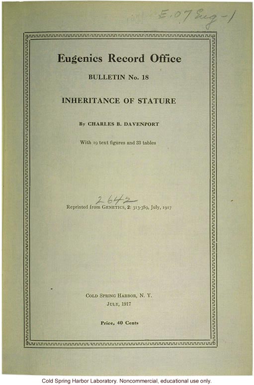 &quote;Inheritance of Stature,&quote; by C. B. Davenport, Eugenics Record Office