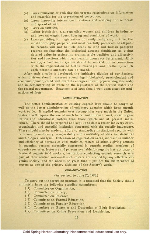 &quote;Report of the president of the American Eugenics Society, Inc., June 26, 1926&quote;