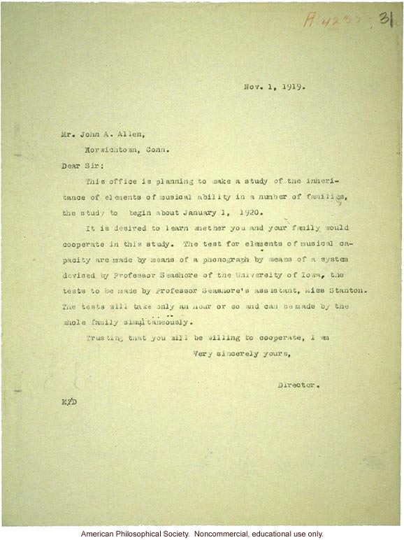(Eugenic Record Office) Director letter to John Allen about participating in a study of the inheritance of musical ability
