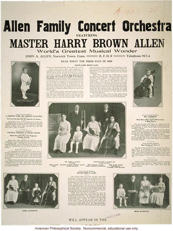 &quote;Allen family concert orchestra, featuring Master Harry Allen, world's greatest musical wonder&quote;