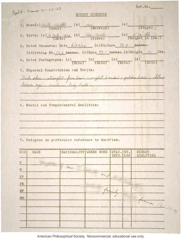 &quote;Midget schedule,&quote; including &quote;physical constitution and traits&quote; and &quote;mental and tempermental quailties&quote;