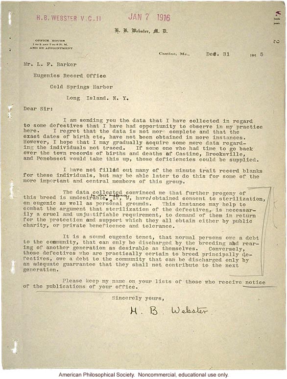 H.B. Webster letter to L.F. Barker, about two Maine families