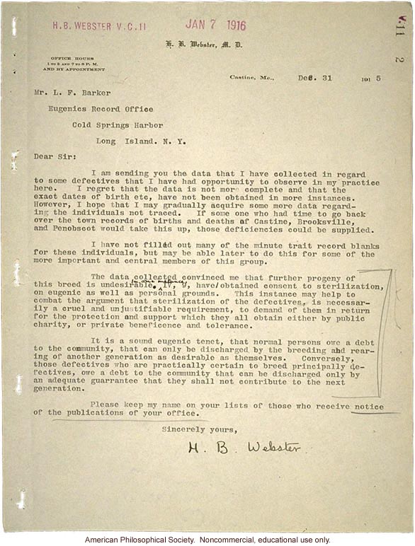 H.B. Webster letter to L.F. Barker, about two Maine families