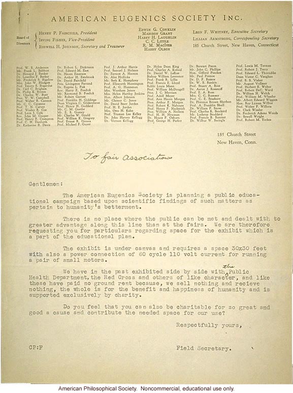 Letter from Field Secretary, American Eugenics Association to Fair Associations asking education exhibit space