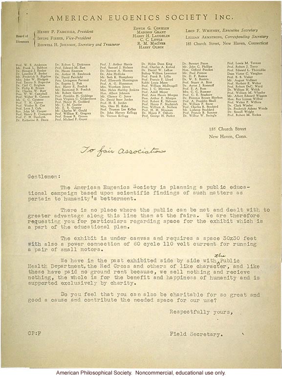 Letter from Field Secretary, American Eugenics Association to Fair Associations asking education exhibit space