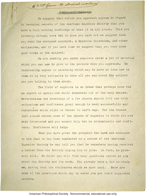 &quote;Membership campaign&quote; by Field Secretary,  American Eugenics Society about how to recruit new members and answer questions