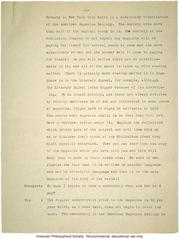 &quote;Membership campaign&quote; by Field Secretary,  American Eugenics Society about how to recruit new members and answer questions