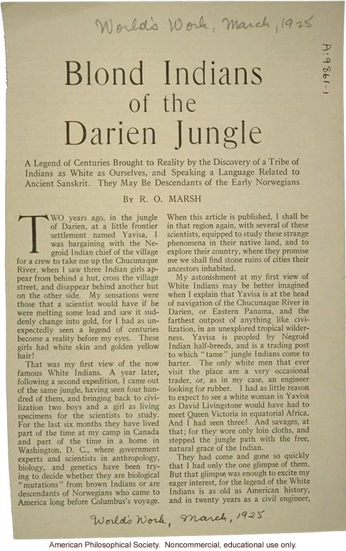 &quote;Blond Indians of the Darien jungle,&quote; by R.O. Marsh, World's Work