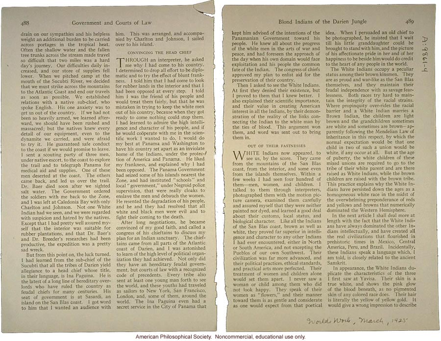 &quote;Blond Indians of the Darien jungle,&quote; by R.O. Marsh, World's Work
