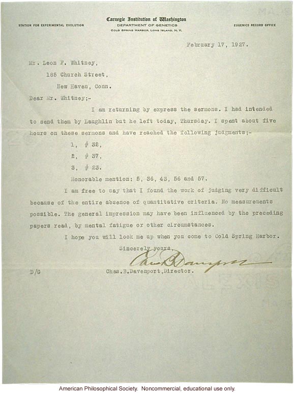 C. Davenport letter to L. Whitney about judging sermons