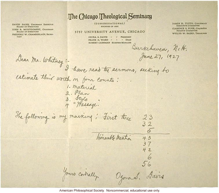 O. S. Davis letter to L. Whitney about Davenport's sermon judging