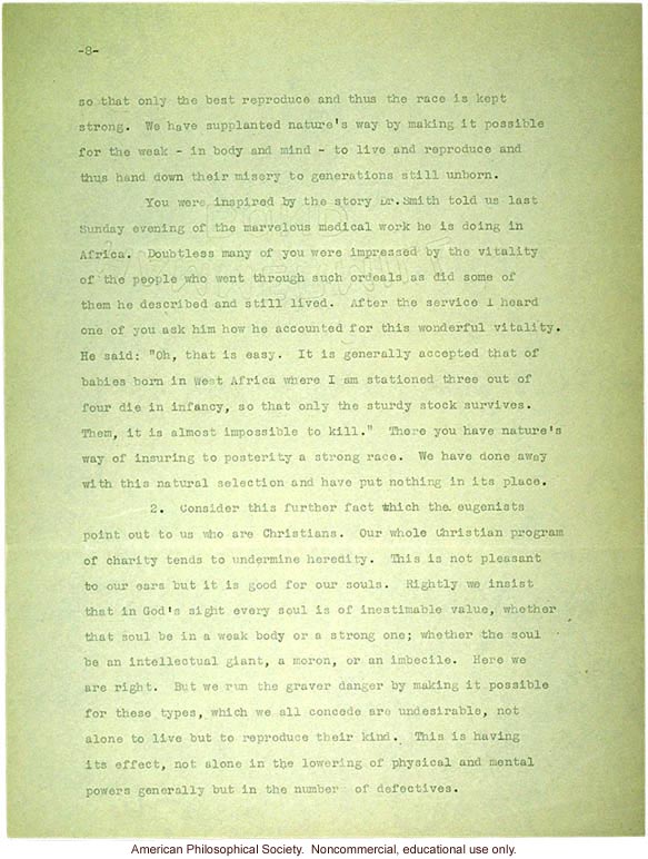 Sermon #40 exerpt: &quote;For Our Children's Sake, the Evangel of Eugenics,&quote; AES Sermon Contest 1926, #4