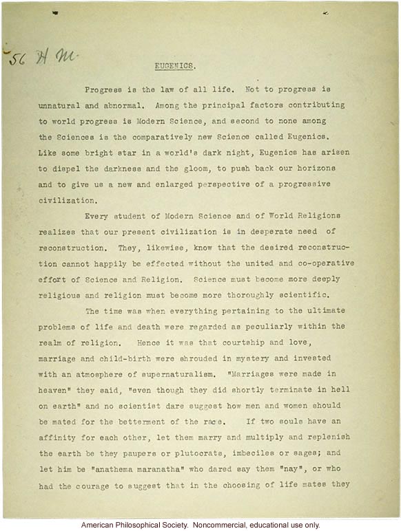 Sermon #56:  Religion and Eugenics AES Sermon Contest 1927, #6