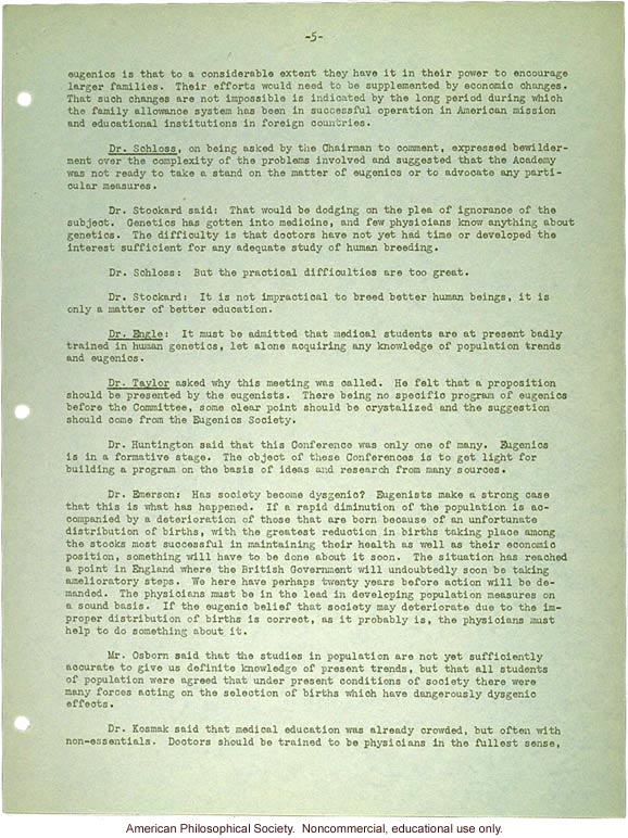 &quote;Summary of the round table conference held at the New York Academy of Medicine,&quote; about the eugenical implications on medical work
