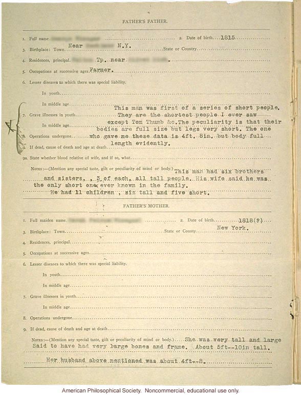 Record of family traits, about short stature